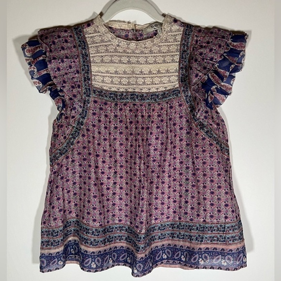 SEA purple pink boho batik flutter sleeve lace inset blouse sz 2 cottagecore - Picture 1 of 7